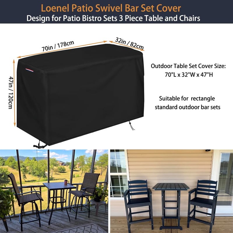 Loenel Patio Swivel Bar Set Cover  Waterproof Outdoor Bar Height Set Covers for Patio Bistro Sets 3 Piece Table and Chairs  Heavy Duty Outdoor Bar Height Dining Set Cover - 70"" L x 32"" W x 47"" H - Image 3